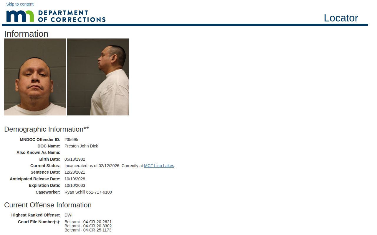 Jackson County projected release date fields in an MNDOC public detail record