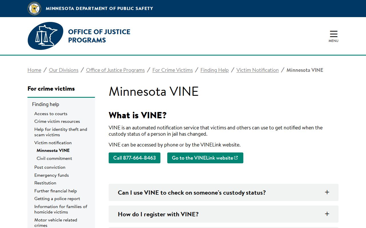 Minnesota VINE information for Jackson County jail release notifications